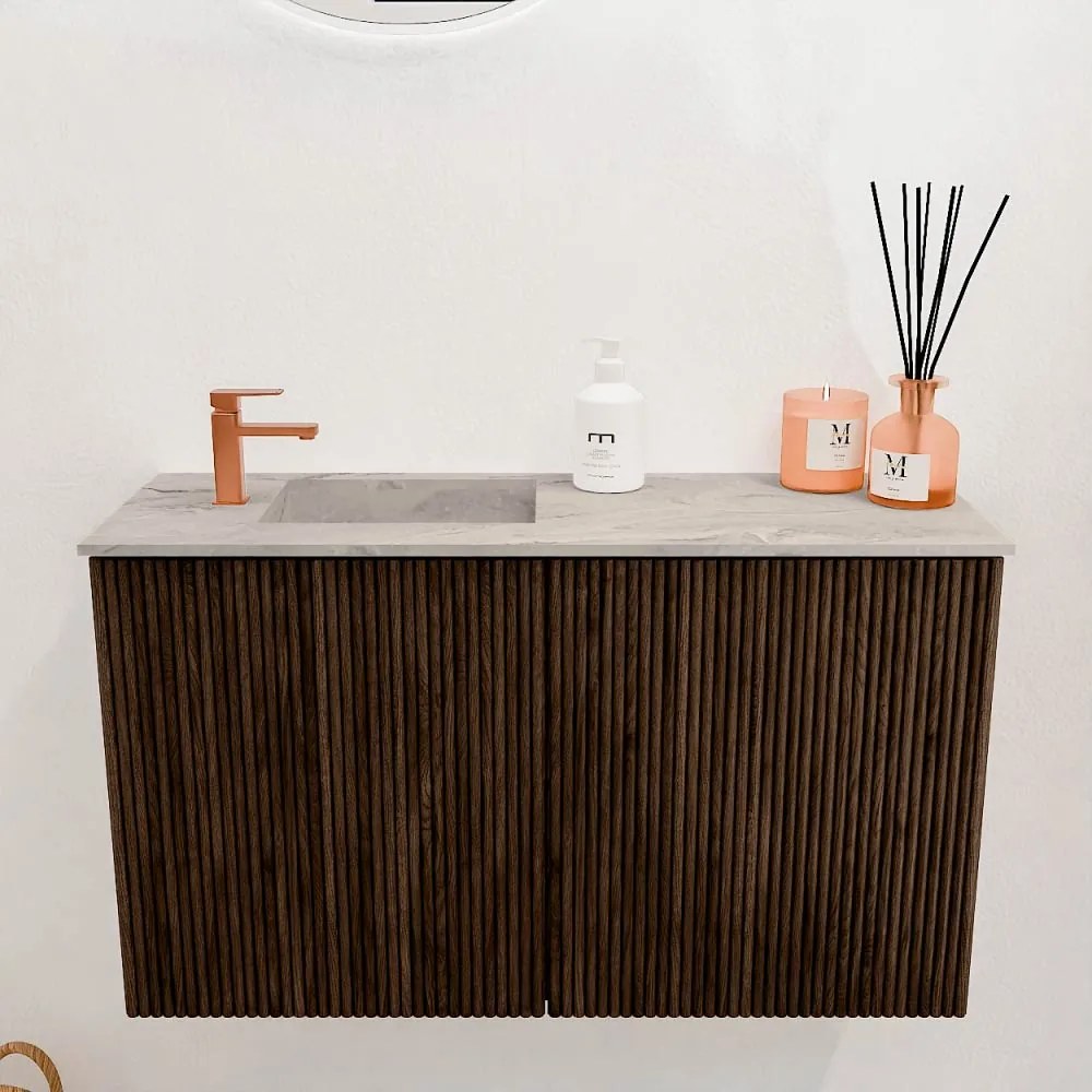 Mondiaz Joya DLux 70cm toiletmeubel walnut met wastafel faye links 1 kraangat glace
