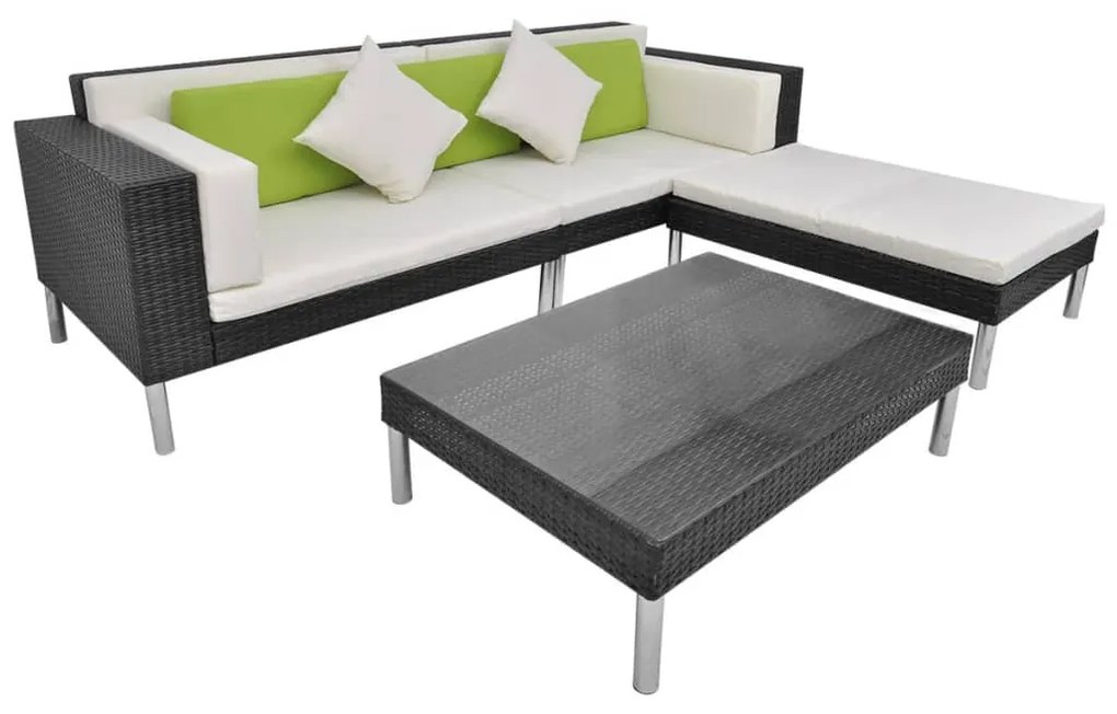 vidaXL 4-delige Loungeset met kussens poly rattan zwart