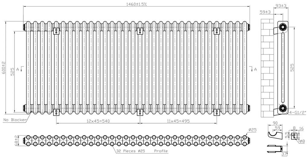 Eastbrook Imperia 2 koloms radiator 145x60cm 2046W antraciet