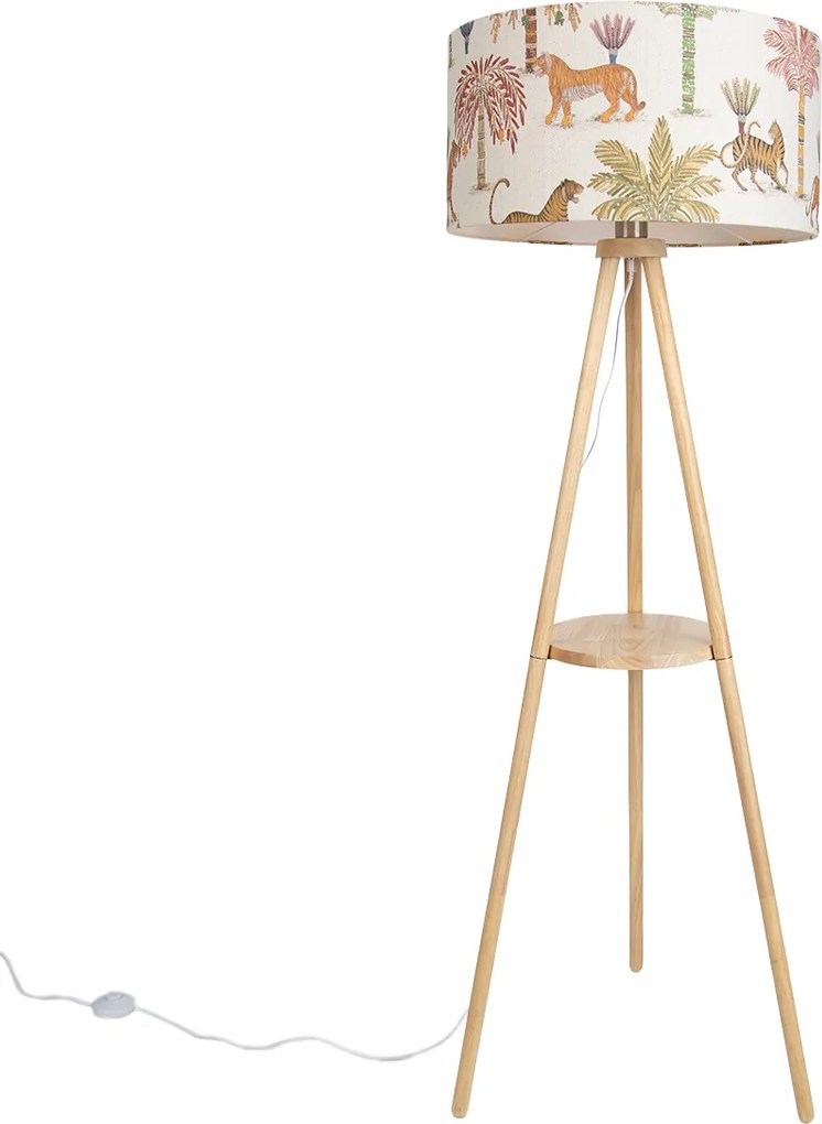 Vloerlamp hout tripod met multicolor kap met dierenprint 50cm - Lou