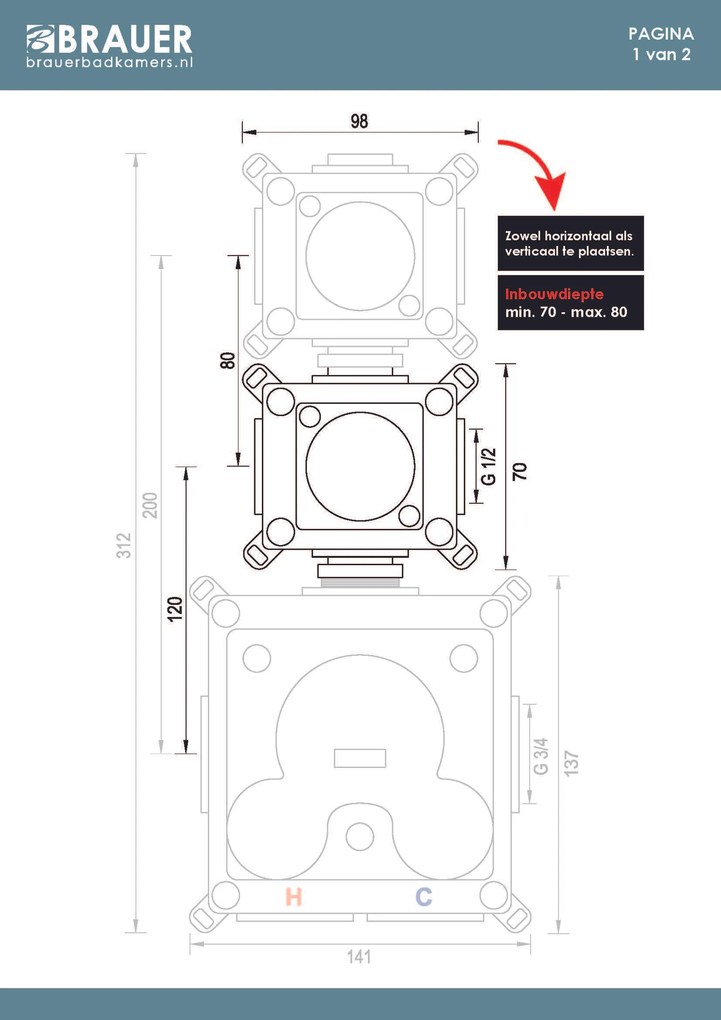 Brauer Stripe inbouw stopkraan koper geborsteld PVD