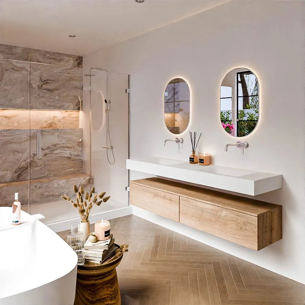 Zaro Alan badmeubel 180cm washed oak 2 lades met vrijhangende wastafel cloud dubbel zonder kraangat talc