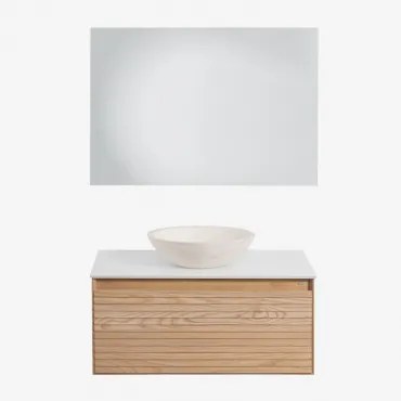 Tedrik Zwevend Badkamermeubelset 80x50 Cm In Essenhout Ash Brown & Rond Cement Wit Ø40 Cm Zavion & Rechthoekige Led En Anticondens 100x70 Cm Riben -