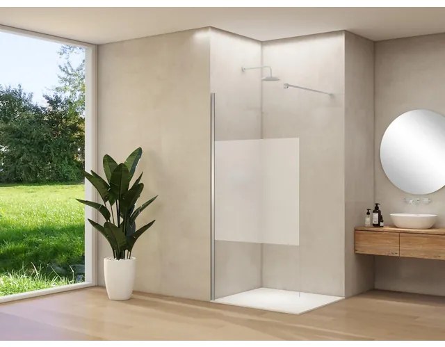 Van Rijn Products ST01 vaste wand - 108x200cm - helder glas met satijnbaan - - dikte 8mm - stabilisatiestang - muurprofiel - Chroom ST01500110GSCHM