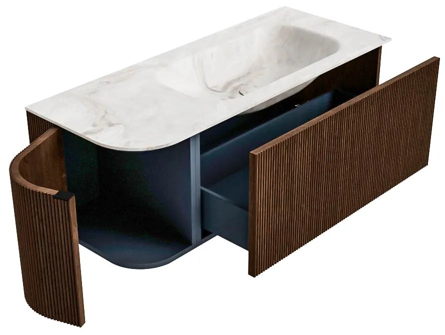 Mondiaz Kurve-dlux 115cm badmeubel ronding links walnut met 1 lade en deur en wastafel big small kraangat rechts frappe