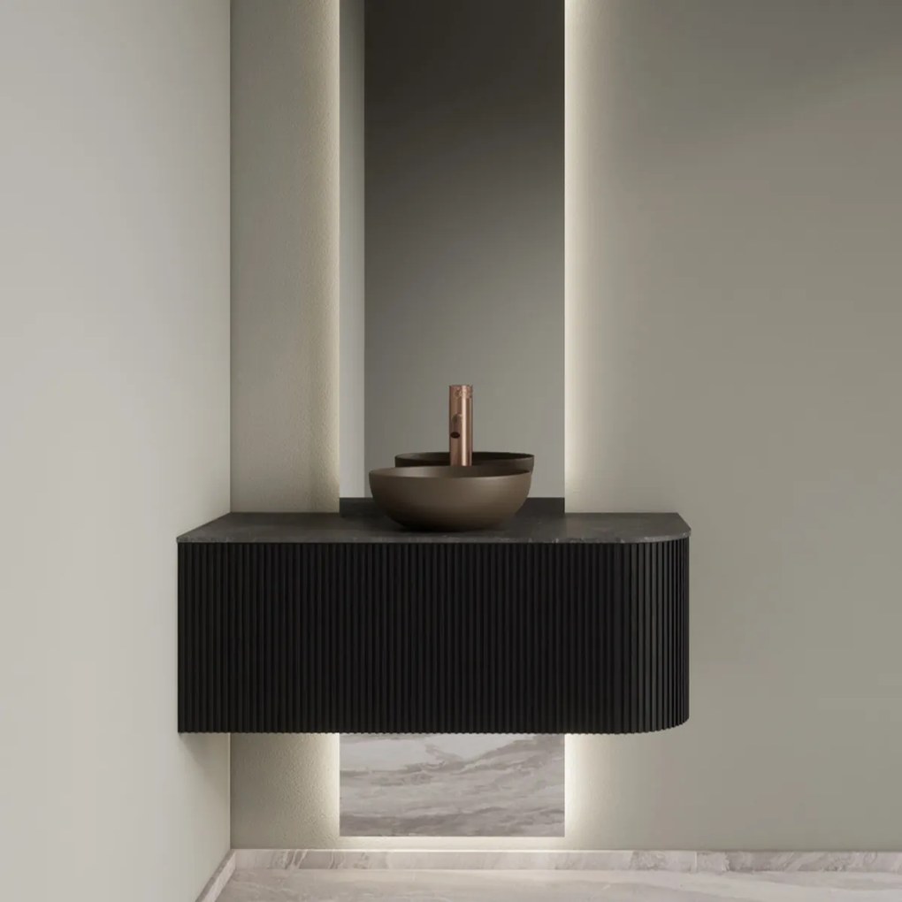 Gliss Design Alluro badmeubel ribbelfront met ronding rechts 100cm black en zwart leisteen toppaneel