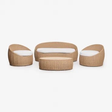 Tuinset Met 3-zitsbank, 2 Fauteuils En Salontafel Van Acaciahout En Synthetisch Riet Clarnyx Natuurlijk - Sklum