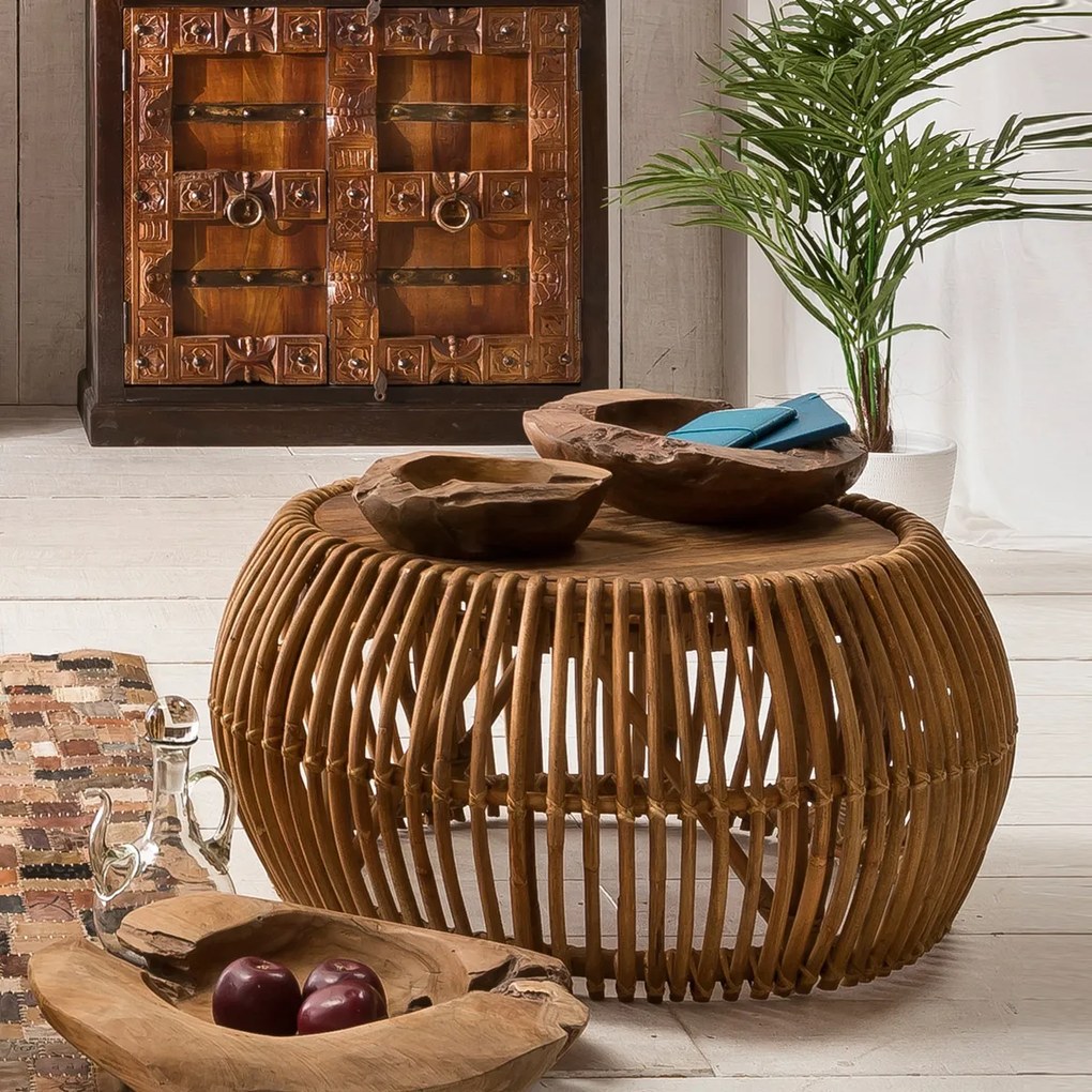 Rotan Salontafel Met Teak 80 Cm - 80 X 80cm.