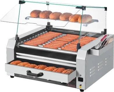 VEVOR Hotdoggrillmachine voor 30 hotdogs, 11 rollen, roestvrij staal, 2400 W, elektrische grill met broodjeswarmer en deksel (glas + PC), 3 temperatuurregelaars, opbergbox aan de zijkant en lekbak voor olie