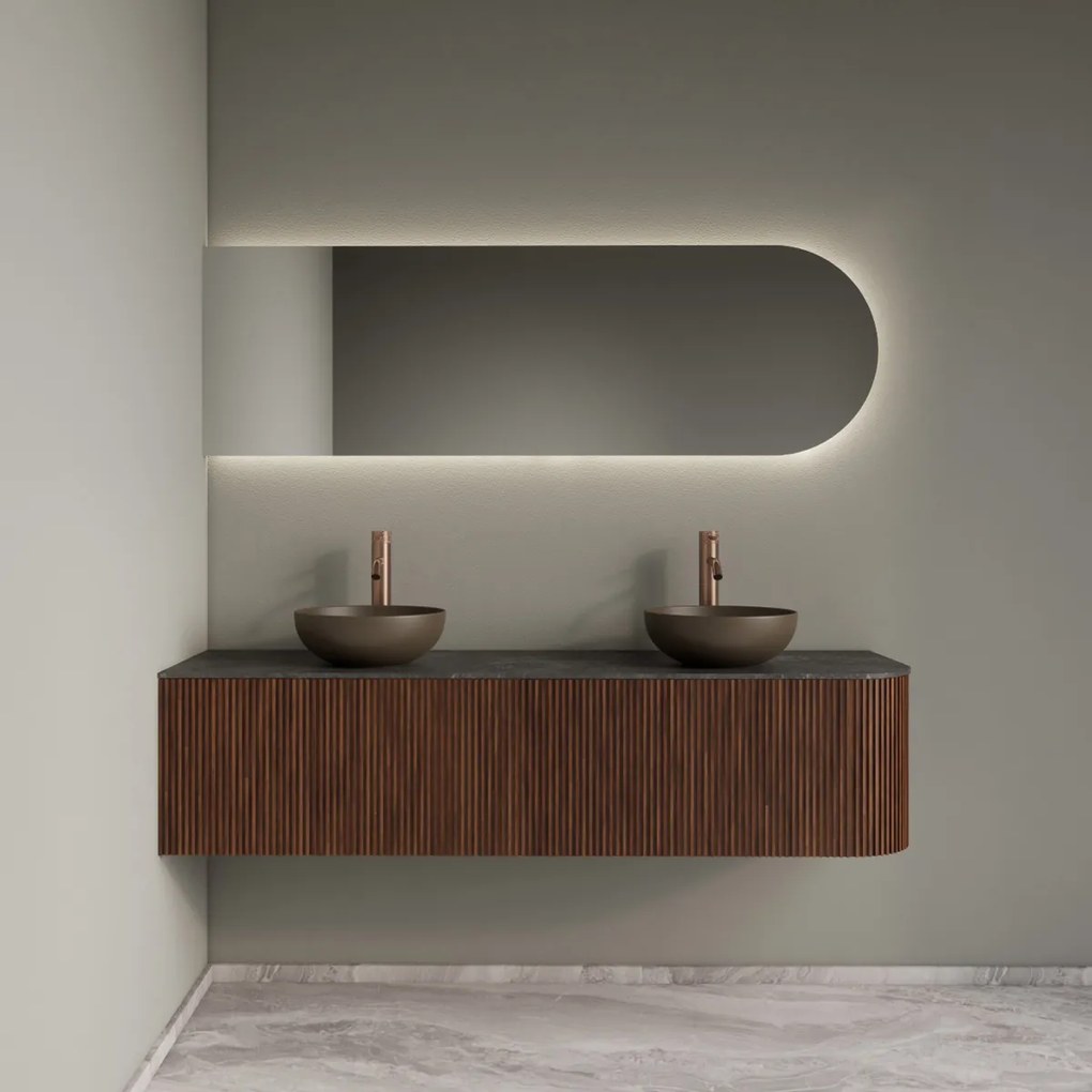 Gliss Design Alluro badmeubel ribbelfront met ronding rechts 160cm walnut en zwart leisteen toppaneel