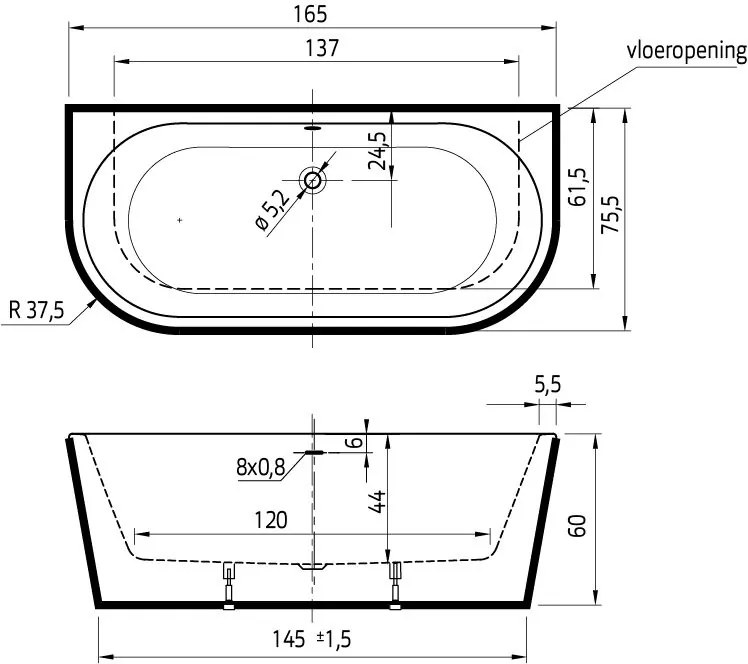 Xenz Charley half vrijstaand bad acryl 165x75x60cm wit mat met badvulcombinatie zwart mat