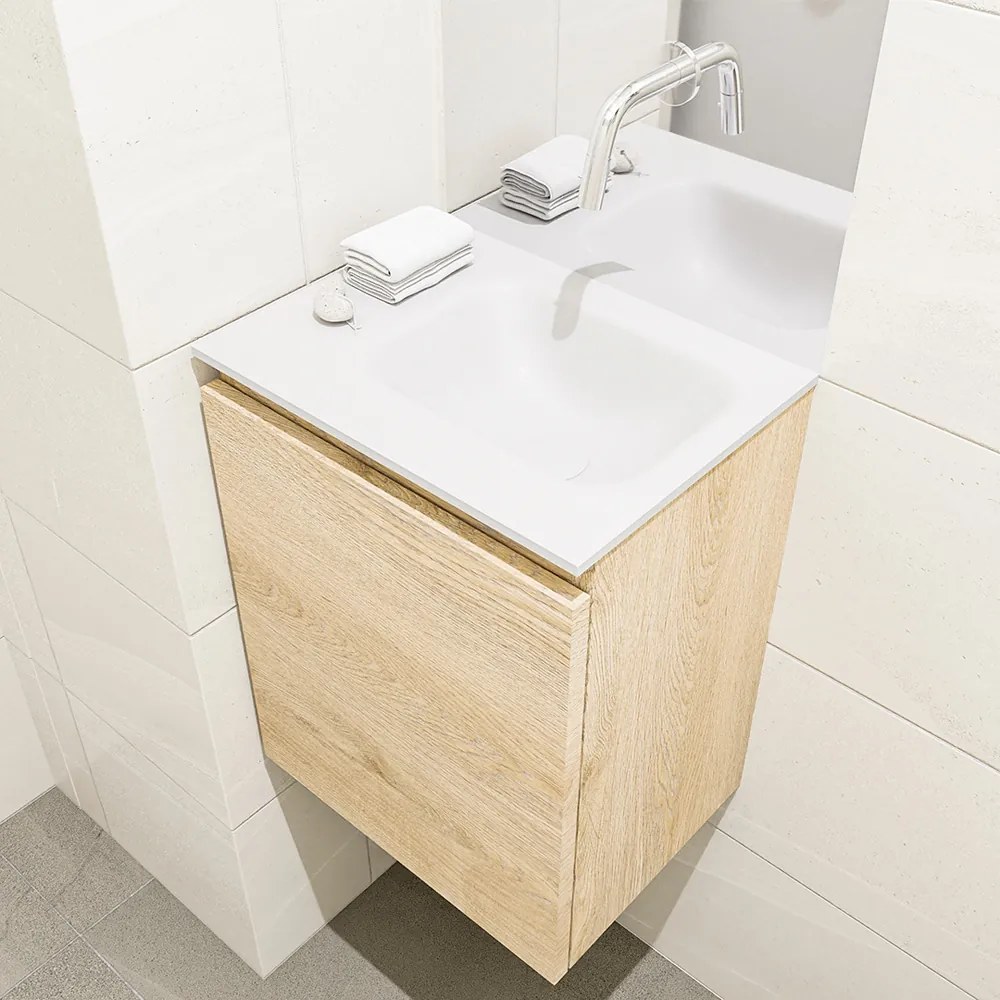 Mondiaz Olan 40cm toiletmeubel washed oak met wastafel talc rechts geen kraangat