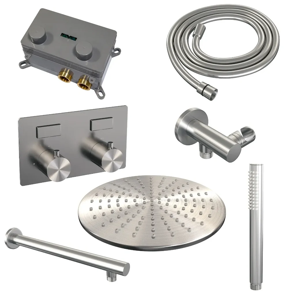Brauer Brushed Edition thermostatische inbouw regendouche met staafhanddouche, rechte muurarm en hoofddouche 30cm set 50 RVS geborsteld PVD