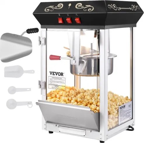 VEVOR popcornmachine, 850W, ketel van 237 ml (8 oz) voor 48 kopjes per keer, popcornmachine voor op het aanrecht met gehard glas, inclusief 4 schepjes.