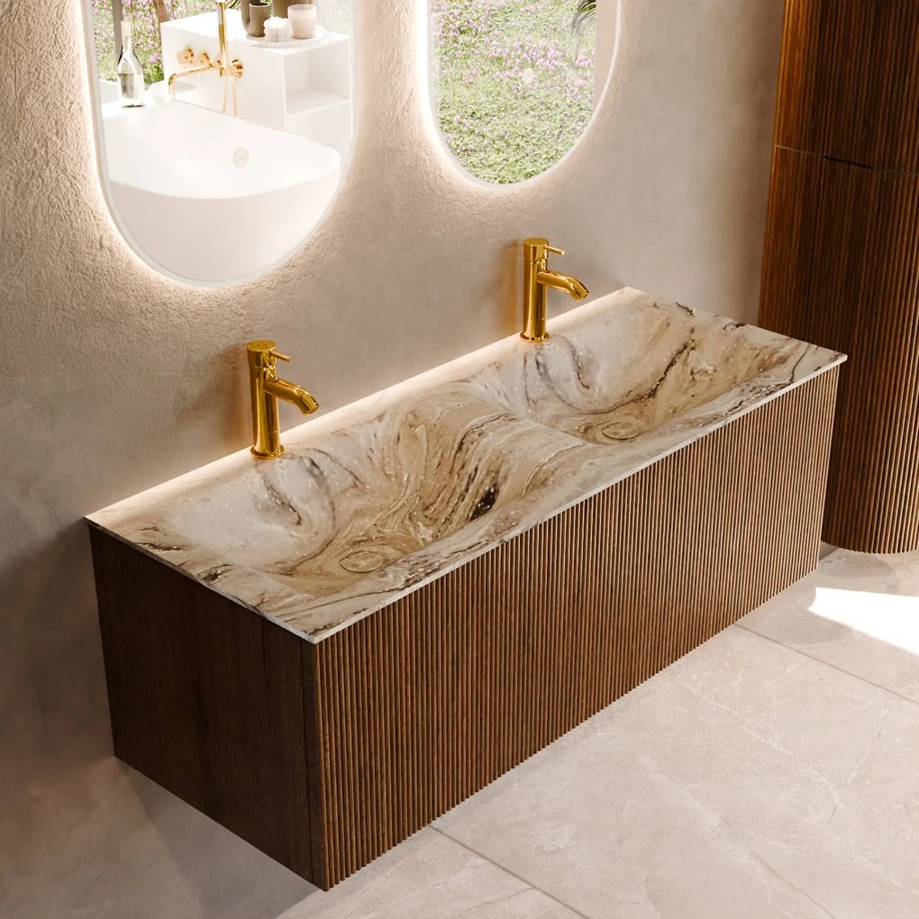 Mondiaz Kurve-dlux 120cm badmeubel dusk met 1 lade en wastafel leaf dubbel 2 kraangaten glace