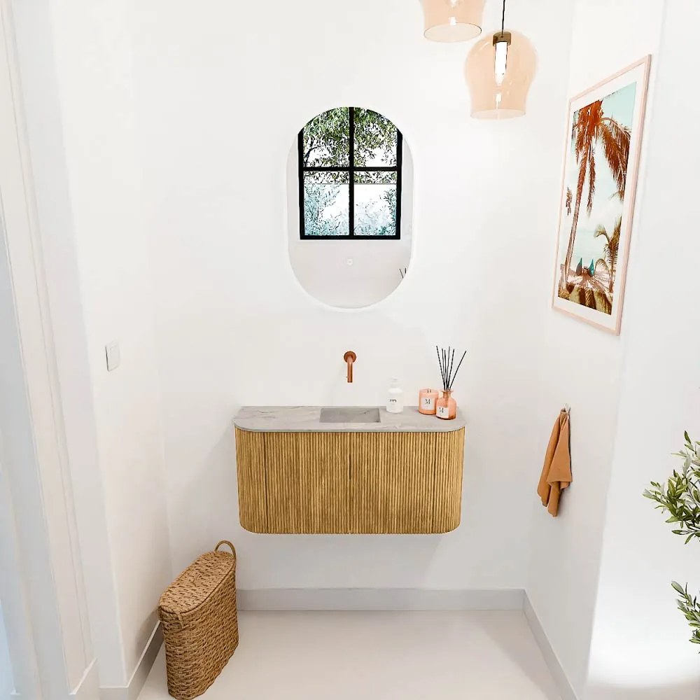 Mondiaz Joya DLux 85cm toiletmeubel ronding links/rechts oak met wastafel faye midden zonder kraangat glace