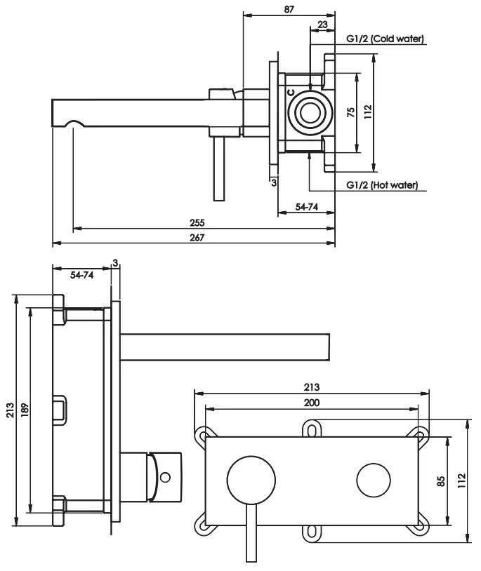 Brauer Black Edition ColdStart wastafelkraan inbouw rechte uitloop met achterplaat model C2 zwart mat