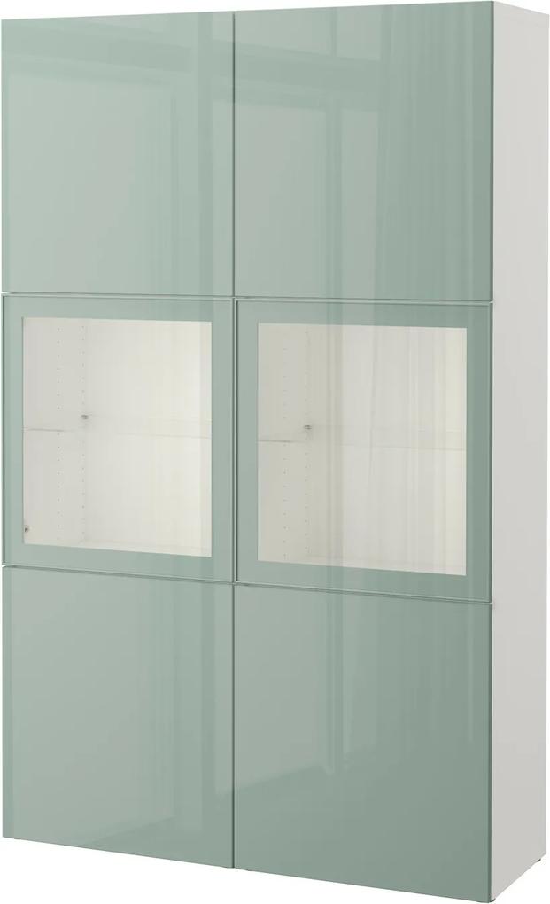 BESTÅ Opbergcombinatie met glazen deuren wit /hoogglans/licht grijsgroen helder glas