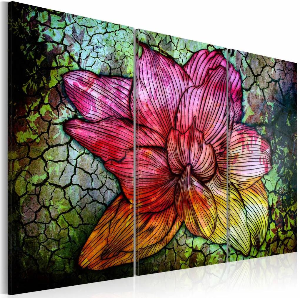 Schilderij - Glas in lood  look , bloem ,  roze groen , 3 luik