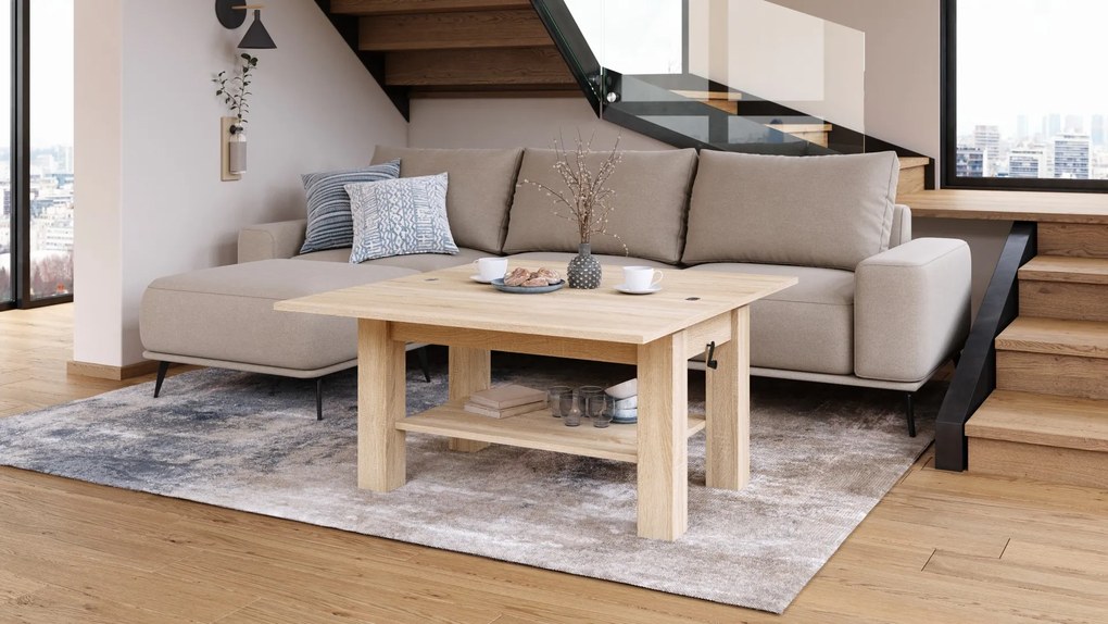 BRAVO sonoma eiken – uitschuifbare en in hoogte verstelbare salontafel, tafel met plank