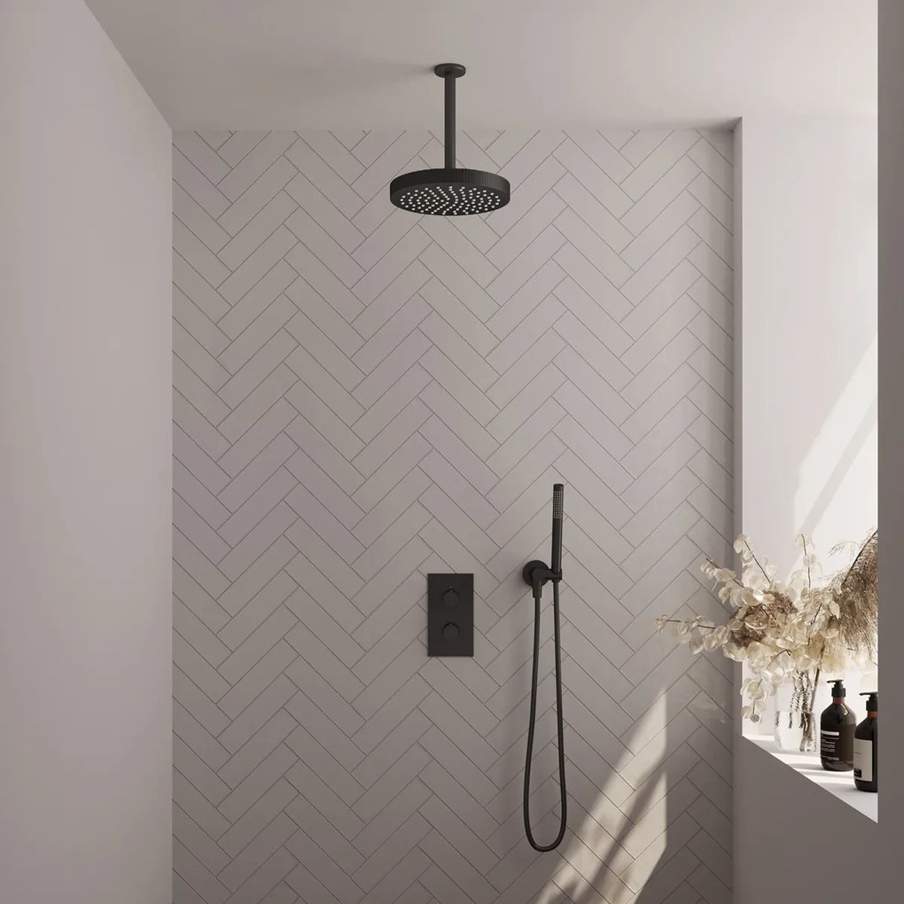 Brauer Stripe inbouw regendouche met 25cm hoofddouche, plafondarm en staafhanddouche set 15 zwart mat