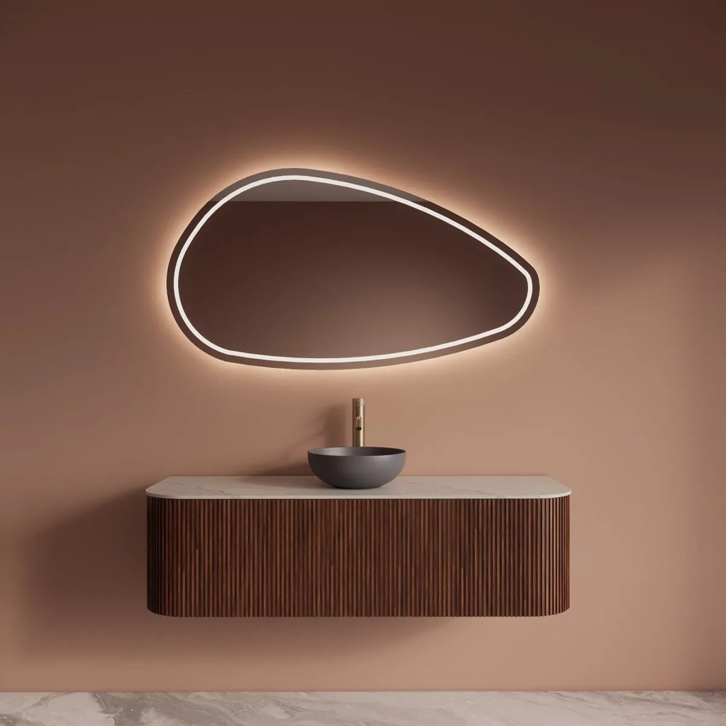 Gliss Design Alluro badmeubel ribbelfront met ronding links/rechts 140cm walnut en wit marmer toppaneel