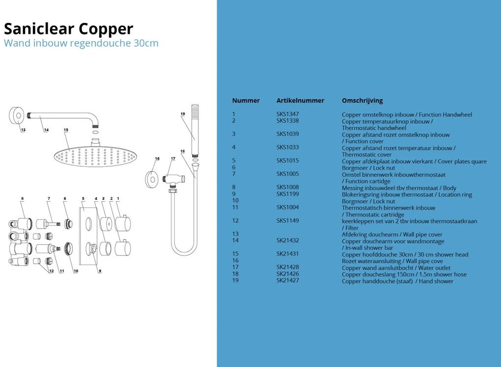 Saniclear Copper inbouw regendouche met wandarm en 30cm hoofddouche geborsteld koper