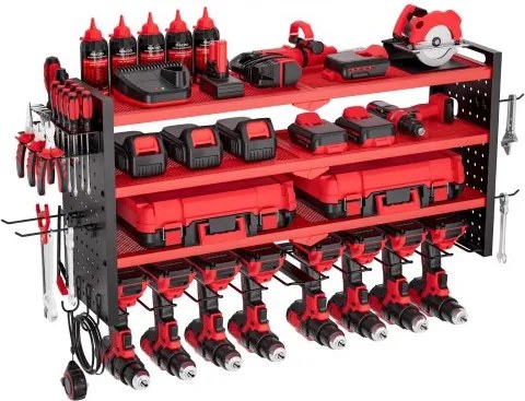 VEVOR Tool Storage Wall Mount, 4-laags opbergrek met 8 boorhouders, gereedschapshouder met zijvakken, gereedschapsorganizer voor garage, werkbank en werkplaats, rood
