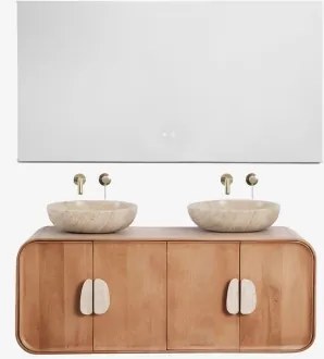 Dubbel Zwevend Badkamermeubelset 130x45 Cm Van Mangohout En Natuurlijke Kivalina-steen Travertijn - Mangohout & 2 X Ronde Travertijn Ø40 Cm Eskel -