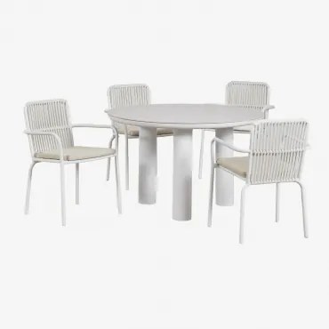 Arken Ronde Tafelset, Ø120, Van Keramiek En Aluminium, En 4 Alberta Aluminium Eetkamerstoelen Met Armleuningen. Beige – Crème - Sklum