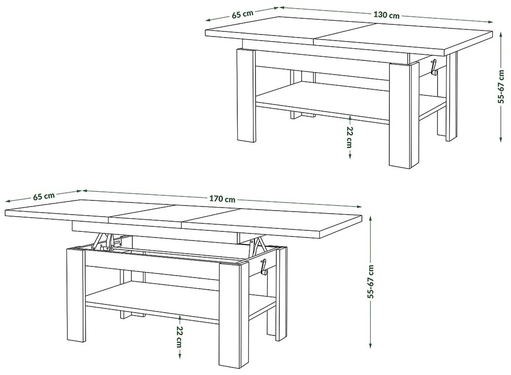 RIO Eik Bruin/Zwart Mat - KOFFIETAFEL, UITSCHUIFBAAR MET HEFFUNCTIE VOOR HET BLAD