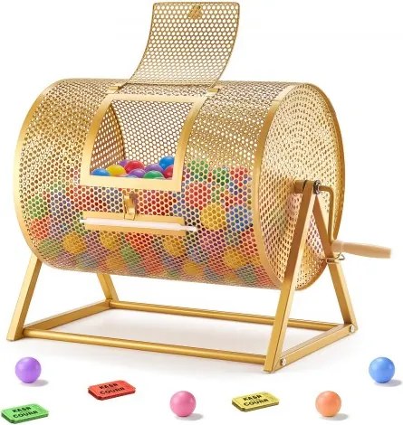 VEVOR lottrommel, 410xØ302 mm, lottrommel met een capaciteit van 5000 loten of 200 lotballen, lottrommel met slinger en driehoekige standaard, voor evenementen en feesten, goudkleurig