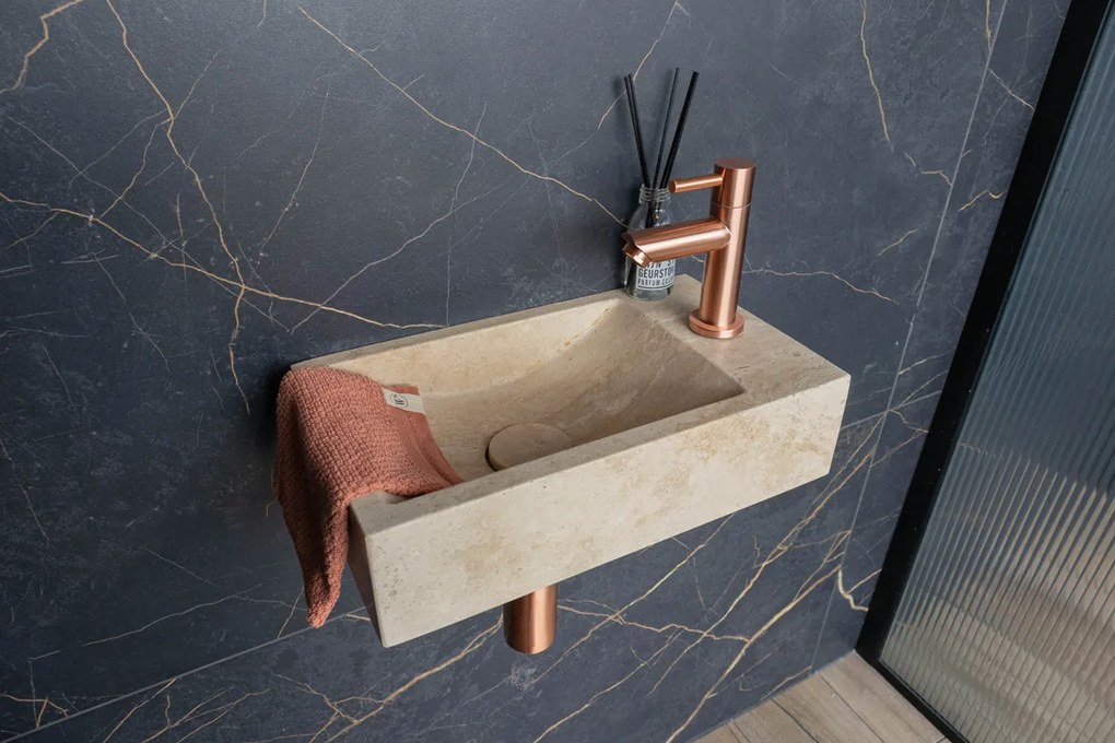 Saniclear White Travertin fonteinset met rechte kraan in geborsteld koper