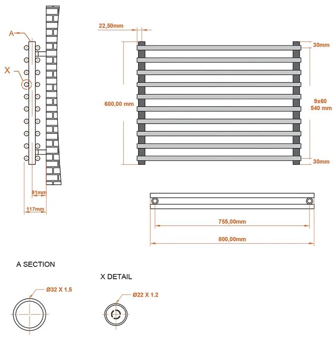 Eastbrook Murano radiator 80x60cm 864W grijs mat