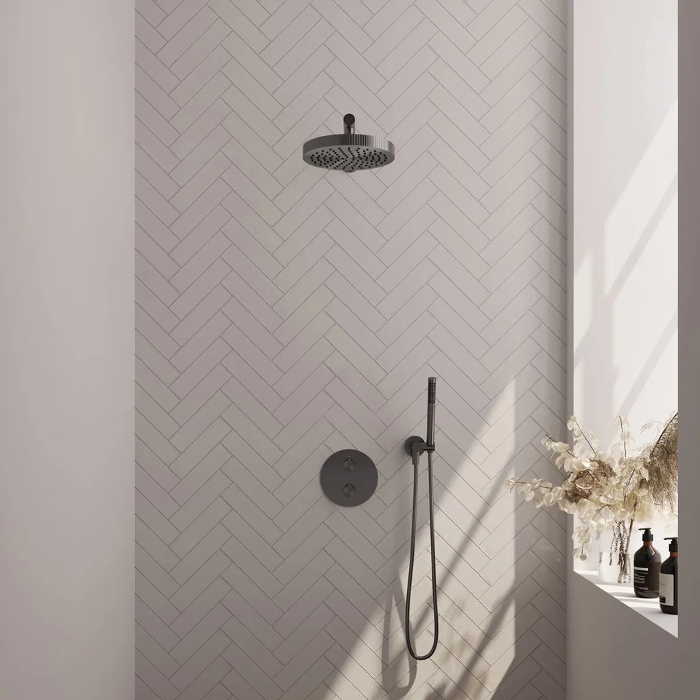 Brauer Stripe inbouw regendouche rond met 25cm hoofddouche, rechte muurarm en staafhanddouche set 37 gunmetal geborsteld PVD