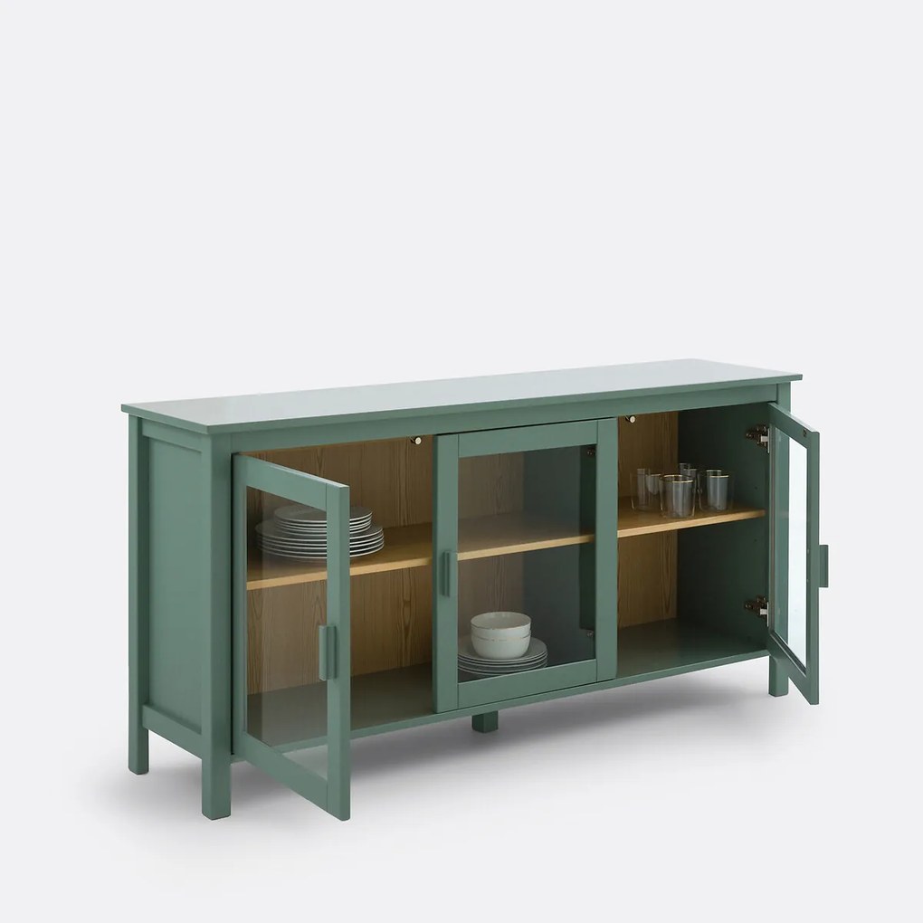 3-deurs vitrinekast van grenen en MDF, 160 cm lang, Alvina