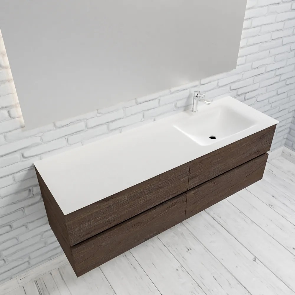 Zaro Valencia Solid Surface badmeubel 150cm donker eiken 1 kraangat spoelbak rechts met 4 lades