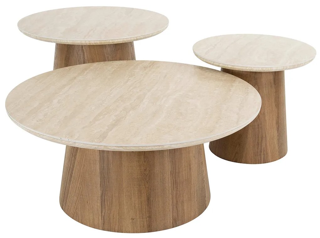 Ronde Salontafelset Hout En Travertin