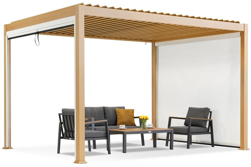 Lagos 3x4 vrijstaande terraspergola met 3m Garden Point houtachtige zij-rolluiken - wit