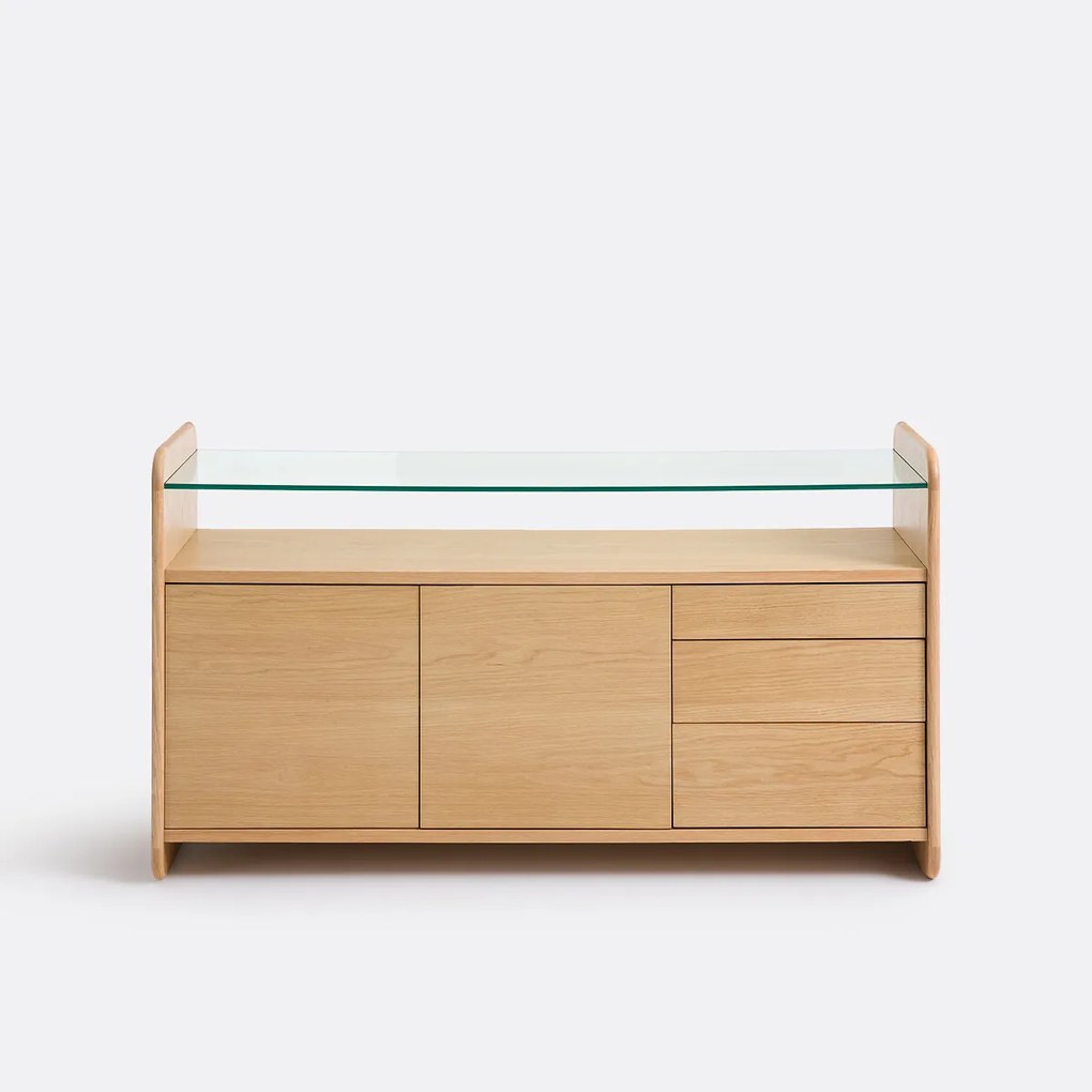 Eiken fineer dressoir, blad van gehard glas, 2 deuren en 3 lades, ERICSON