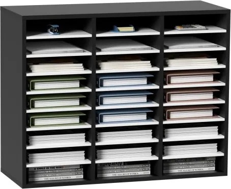VEVOR Houten literatuurorganizer met 27 vakken, verstelbare planken, organizer van MDF, opbergruimte voor bestanden, documenten, papieren en tijdschriften op kantoor, thuis, op school, zwart