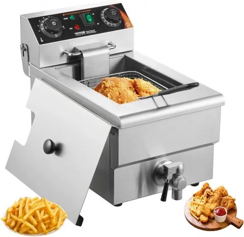 VEVOR Commerciële Frituurpan, 1500W Elektrische Frituurpan met Mand, 9L RVS Frituurpan met Tijd- en Temperatuurregeling, Oververhittingsbeveiliging, Frituurpan voor Keuken, Restaurant, Café, Bar