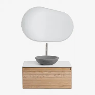 Tedrik Zwevend Badkamermeubelset 80x50 Cm In Essenhout Ash Brown & Rond Grijs Cement Ø40 Cm Tarsis & Ovaal Led En Anticondens 100x80 Cm Riben - Sklum