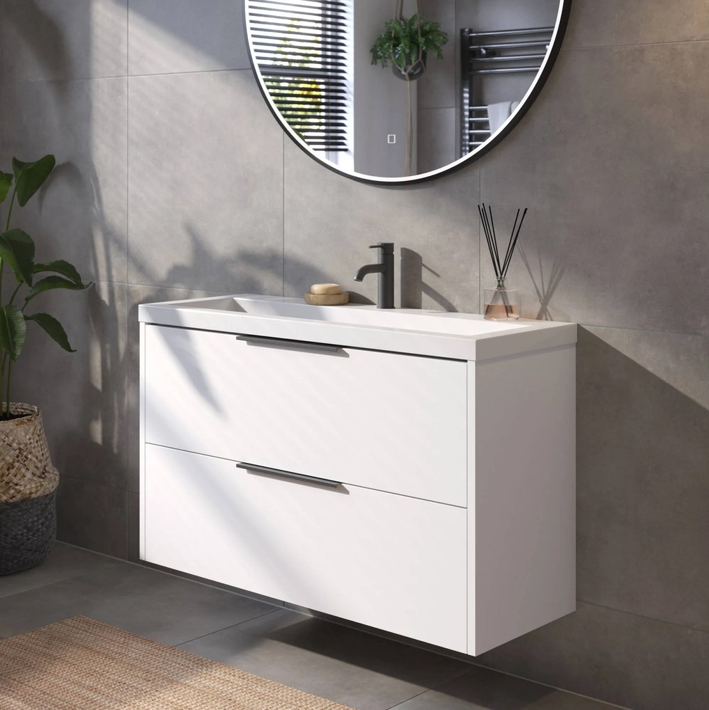 Saqu Lima ondiep badmeubel incl. glans witte wastafel 100x40x64cm glans wit – mat zwarte greep