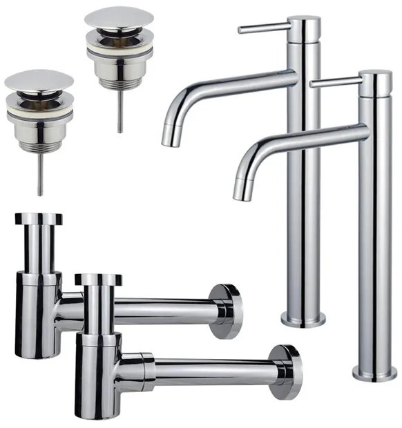 Fortifura Calvi Slim Wastafelkraanset - voor dubbele wastafel - verhoogde wastafelkraan - klikwaste plug - verlaagde design sifon - Chroom 2x SW377813/2x SW696203/2x SW696219