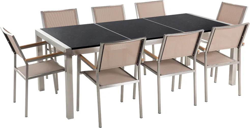 Tuinset gepolijst graniet/RVS zwart driedelig tafelblad 220 x 100 cm met 8 stoelen beige GROSSETO