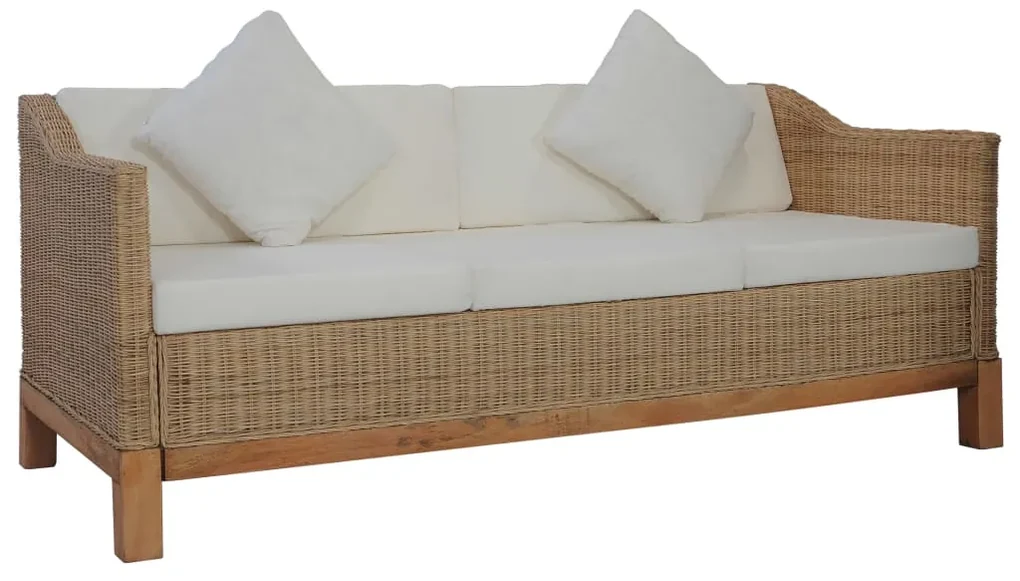 vidaXL Driezitsbank met kussens natuurlijk rattan