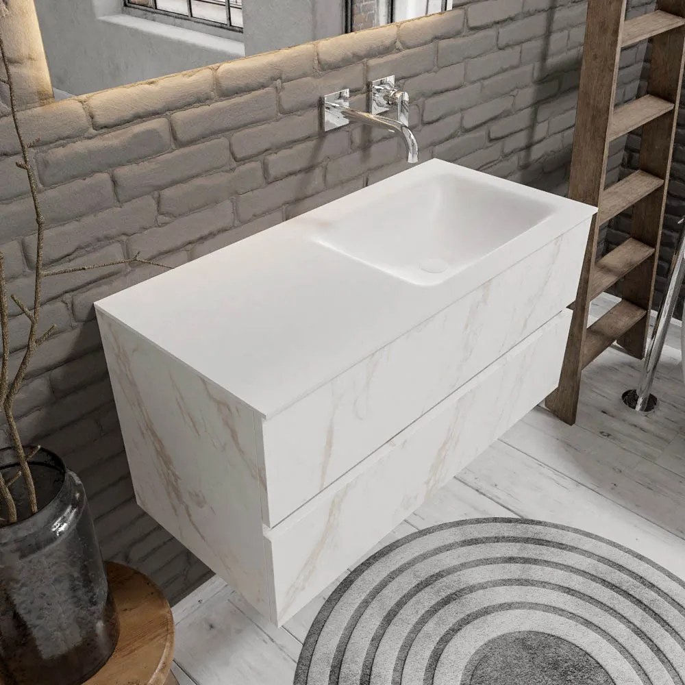 Zaro Valencia Solid Surface badmeubel 100cm wit marmer zonder kraangat spoelbak rechts met 2 lades