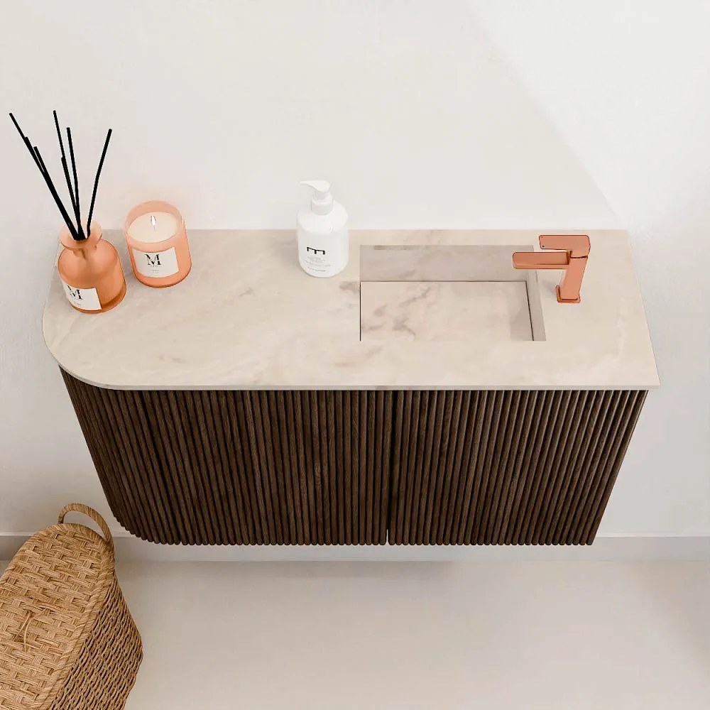Mondiaz Joya DLux 70cm toiletmeubel ronding links walnut met wastafel faye rechts 1 kraangat frappe