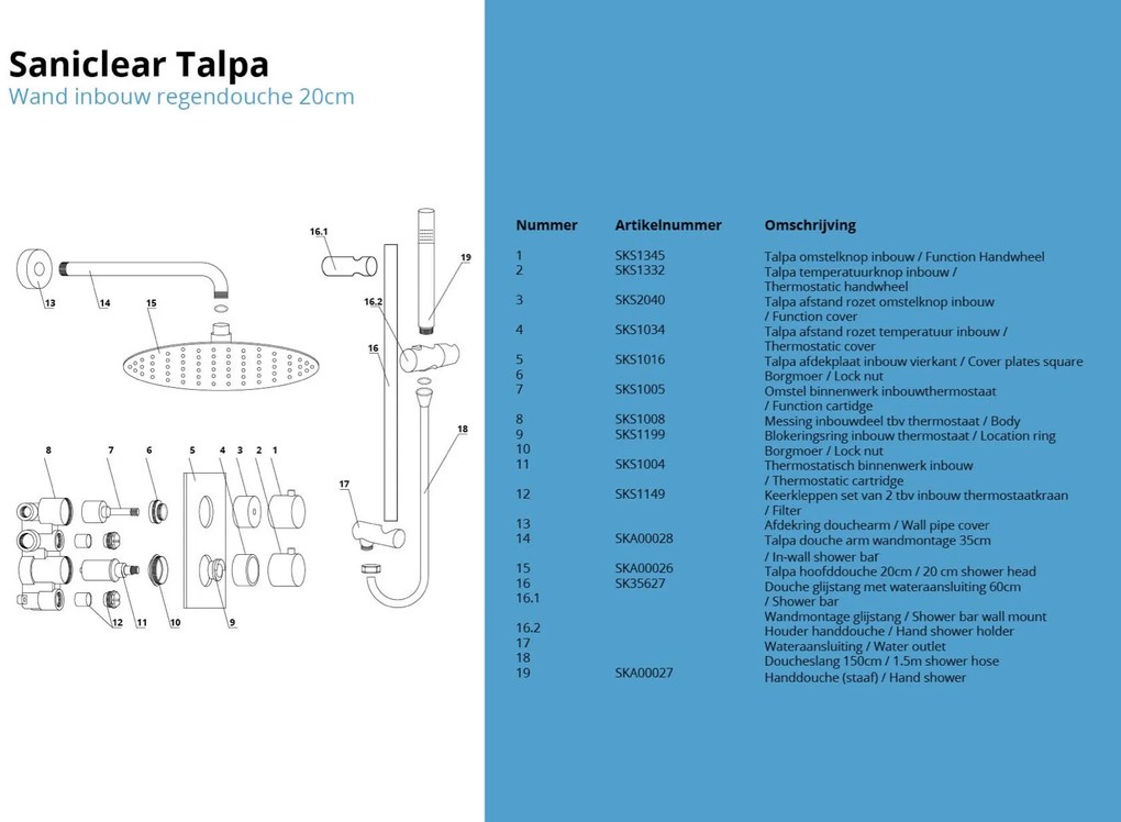 Saniclear Talpa inbouw regendouche met 20cm hoofddouche, muurarm en glijstang chroom